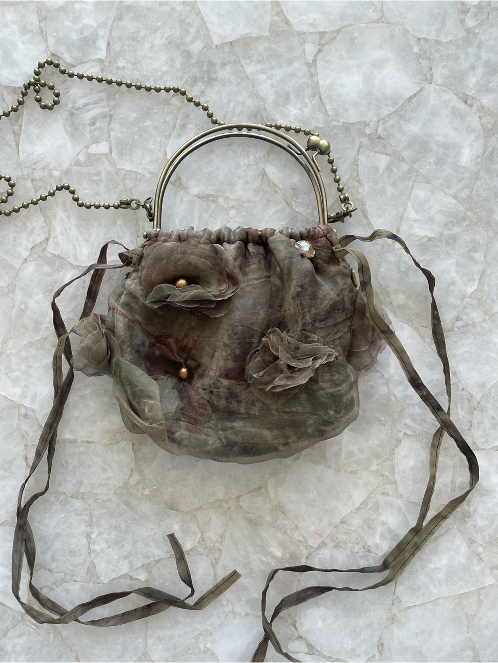 Handmade Vintage-Inspired Olive Floral Drawstring Handbag
